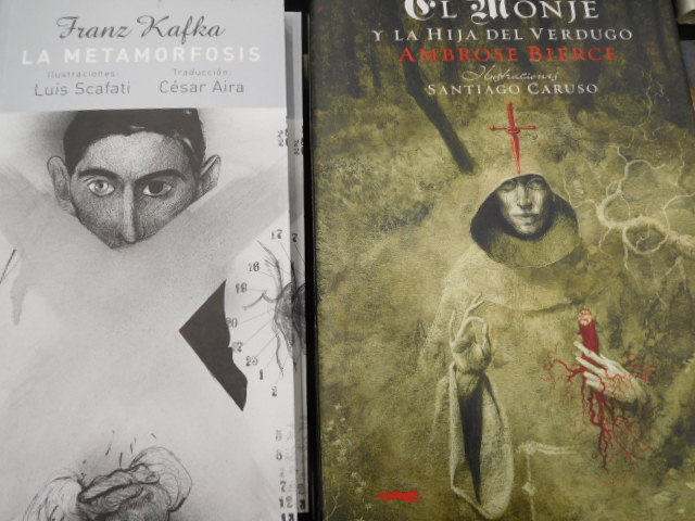"dark" titles with unique art work, on the left a Spanish translation from a Franz Kafka German title